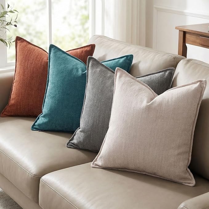 18x18 Inches Throw Pillow Covers Set of 4 Soft Textured Chenille Decorative Cushion Cases for Couch Sofa Bed Modern Farmhouse Neutral Accent Covers with Hidden Zipper Colorful