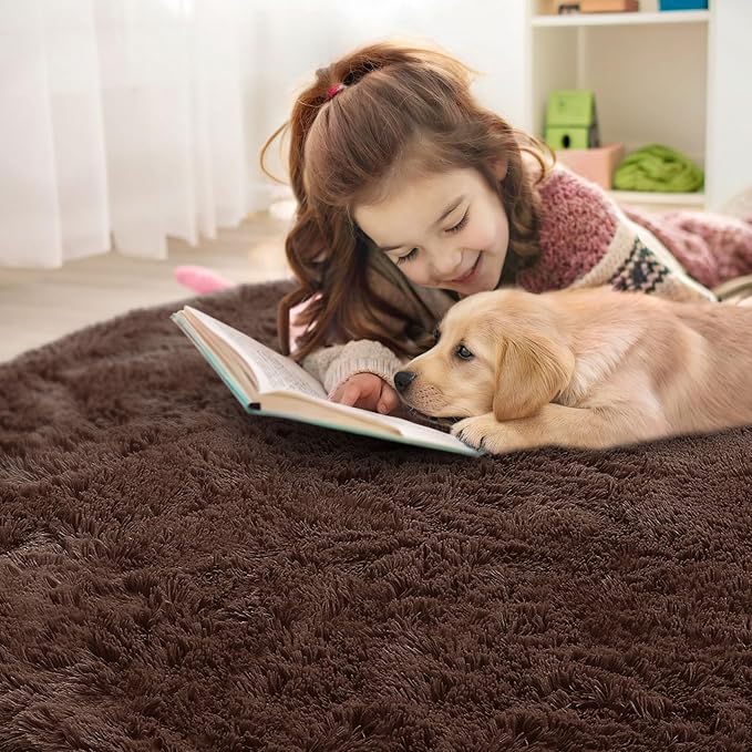 OLANLY Coffee Round Rugs for Bedroom - Machine Washable, 6 ft Circle Area Rugs for Living Room, Soft and Fluffy Shaggy Carpet for Teen Girls and Boys, Nursery Rooms, Dorms, Home Decor Aesthetic