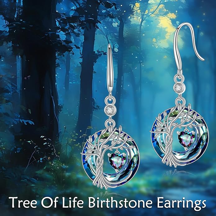 POPLYKE Tree of Life Birthstone Earrings 925 Sterling Silver Dainty Gemstone Birthstone Dangle Drop Earring with Crystal Fine Jewelry Birthday Gifts for Women Her