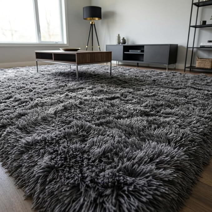 Fluffy Rugs for Living Room: Dark Grey Soft Shag Rug for Bedroom, Large Fuzzy Plush Indoor Floor Carpet Non Slip Modern Rug for Nursery Boys Girls Kids Room Playroom Dorms Home Decor, 9x11 Feet