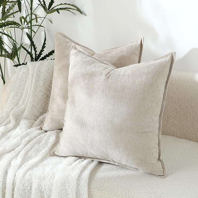 Stellhome Soft Decorative Chenille Pillow Covers 18x18 Inch Natural Light Tan Boho Farmhouse Neutral Couch Throw Pillows for Bed Sofa Livingroom Pack of 2 Accent Modern Pillowcase Home Decor