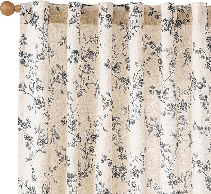 Lazzzy Farmhouse Linen Curtains Black Floral Curtains 96 Inch Length Back Tab Drapes for Living Room Bedroom Light Filtering Country Vintage Rod Pocket, 2 Panels, Black on Beige