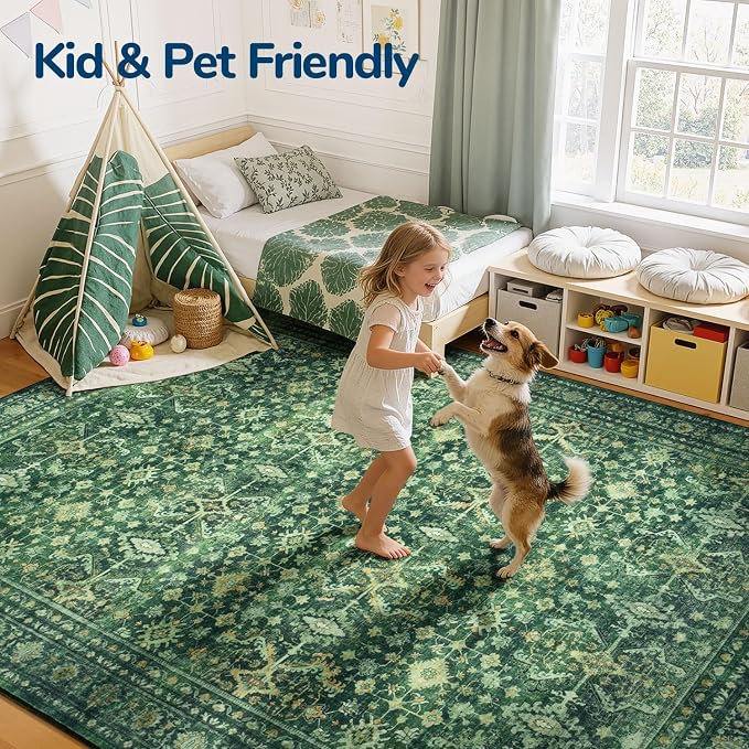 Lessymo Washable Area Rug for Living Room,9x12 Green Large Rugs with Non-Slip Backing,Soft Boho Carpets for Bedroom Dining Room Nursery Home Office