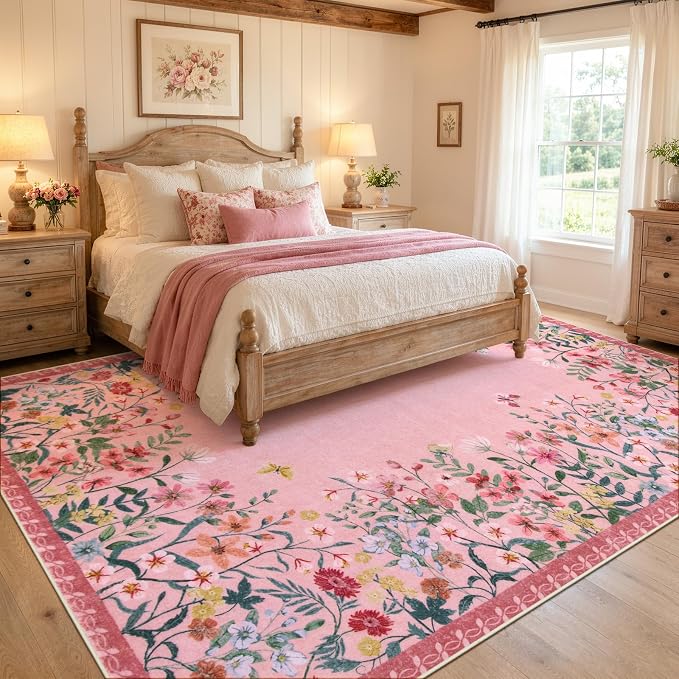 Wonnitar 8x10 Washable Area Rug, Pink Floral Rug for Girls Bedroom, Boho Botanical Large Carpet for Living Room, Non Slip Cute Nursery Rug, Farmhouse Kids Playroom Decor (8x10 Pink)