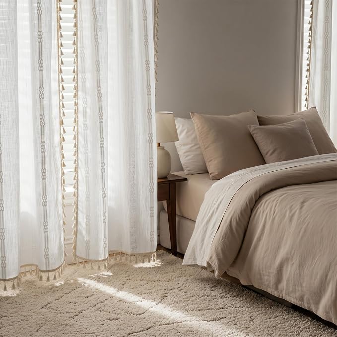 ColorBird White Boho Curtains Linen-Textured Light Filtering for Living Room Bedroom 84 Inches Farmhouse Embroidered Striped Whimsical Curtains & Drapes Window Treatment for Nursery Dining Room