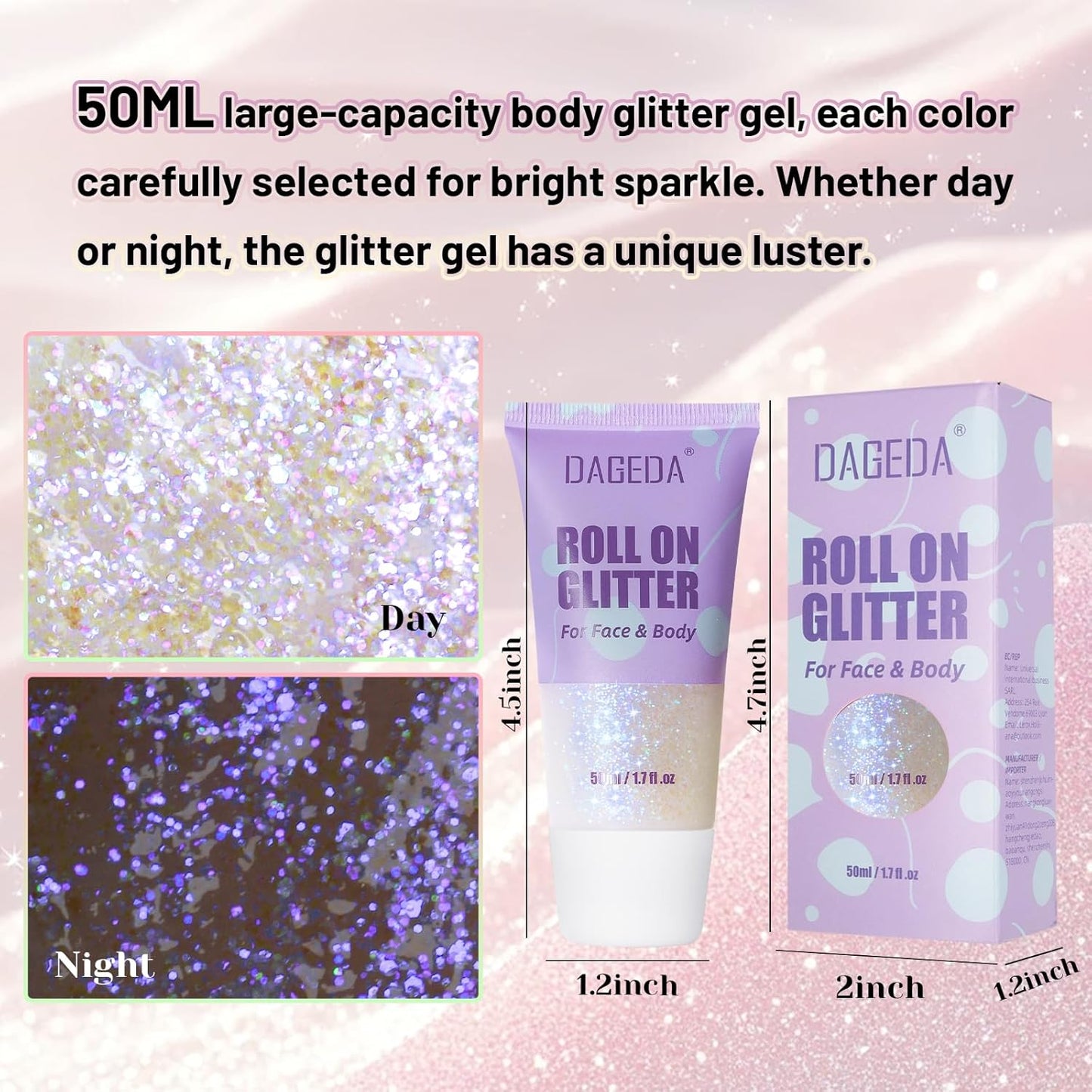 DAGEDA Roll-on Body Glitter,Holographic Eye Face Hair Glitter Gel for Festival Outfit Mermaid Accessories,Chameleon Color Body Shimmer Makeup Rave Outfits Accessories for Women 50ml(Fantasy)