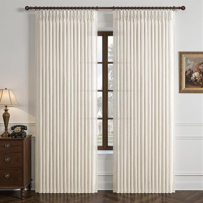 Unique 88 Inch Birch Pinch Pleat Dining Room Curtains 2 Panels Set, Memory Shape Pleated Linen Semi Sheer Heavy Curtain Light Filtering Privacy W50 x L88 Inches Long Neutral Windows Drapes Cream Beige