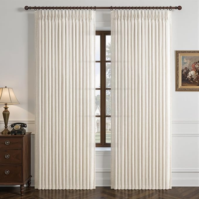 Birch Extra Long 120 Inch High Ceiling Curtains for Sliding Glass Doors 2 Panels Set, Memory Trained Pinch Pleated Linen Heavy Curtain Light Filtering Semi Sheer Rustic Viral Window Drapes 10FT Length