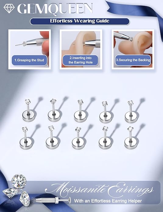 GEMQUEEN 6 Pairs 2-7mm Moissanite Earrings Studs 14K Gold Plated Stainless Steel Flat Back Earring for Women Men - Hypoallergenic Cartilage Helix Piercing Jewelry Brilliant Round Cut D Color VVS1 5.97CT