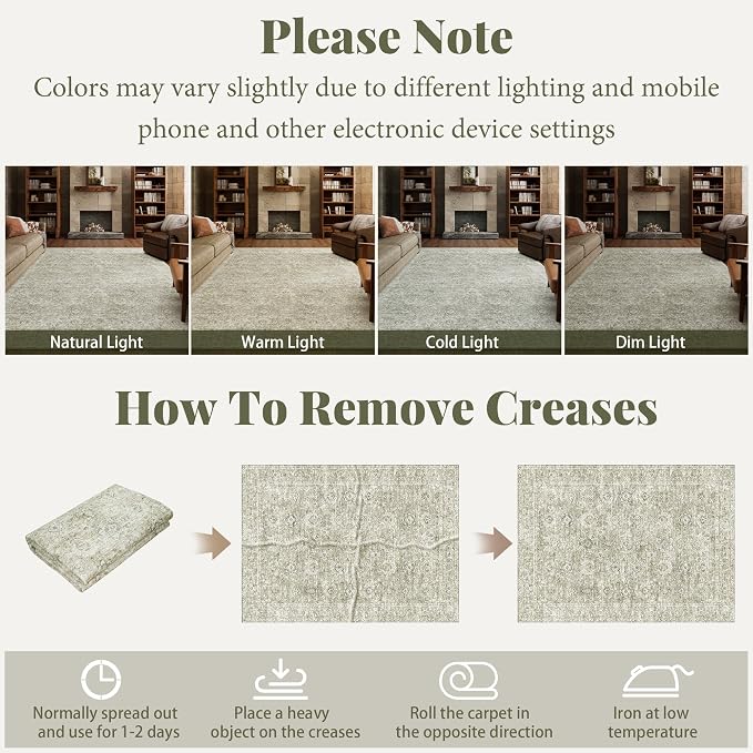 Washable Rugs for Living Room: 8x10 Area Rugs for Bedroom Ultra Soft Non-Slip Stain Resistant Vintage Boho Large Carpet for High-Traffic Dining Room - Farmhouse Decor