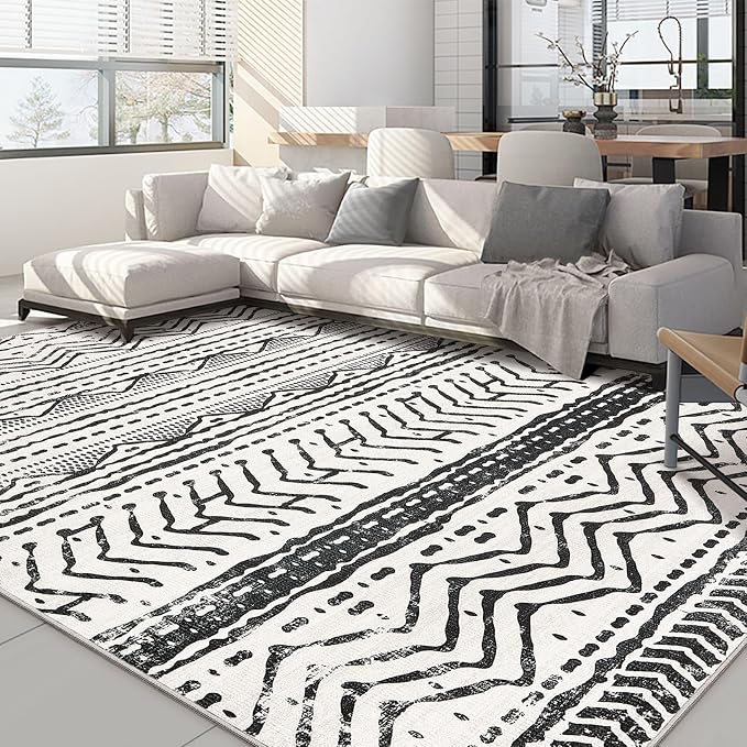 Nakagishi Black Rug Living Room Rugs: 9x12 Machine Washable Boho Large Neutral Modern Soft Moroccan Stain Resistant Indoor Floor Non Slip Accent Carpet for Bedroom Nursery Kids Playroom Office