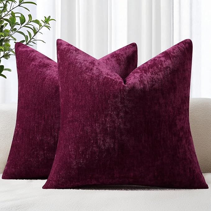 decorUhome Soft Chenille Burgundy Throw Pillow Covers 24X24 Set of 2 | Decorative Fall Couch Pillow Covers Solid Dyed Accent Modern Euro Sham Farmhouse Neutral Square Pillow Cases for Sofa