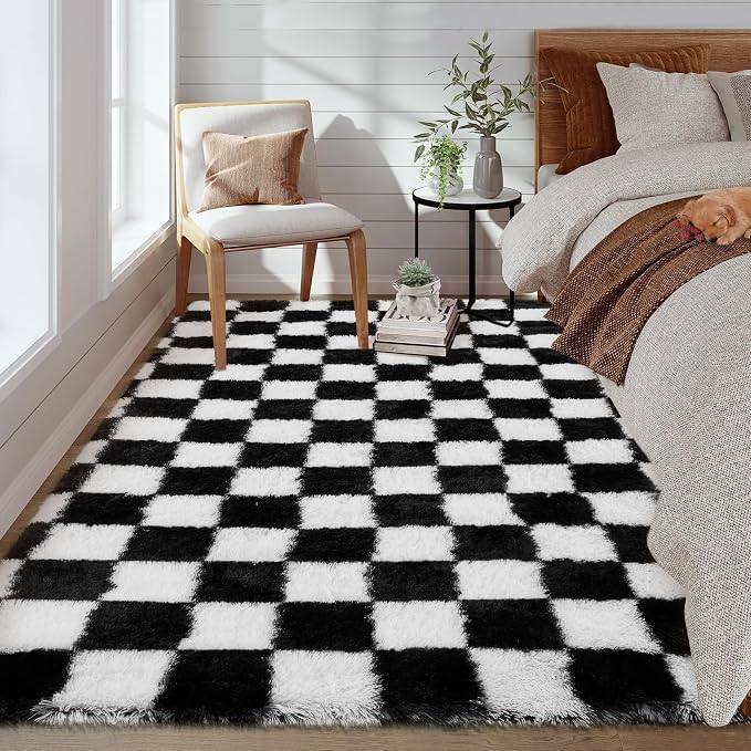 Garvee Checkered Rug 5x8 Super Soft Shaggy Rugs Fluffy Carpets Fluffy Fuzzy Rug for Living Room Bedroom,Checkered Fluffy Rugs for Girls Kids Room, Shag Plush Carpet for Teen Room Decor, Black-White