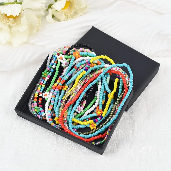 XIJIN 18 Pieces Elastic Beaded Anklets for Women Handmade Beach Boho Colorful Beads Ankle Bracelets Set