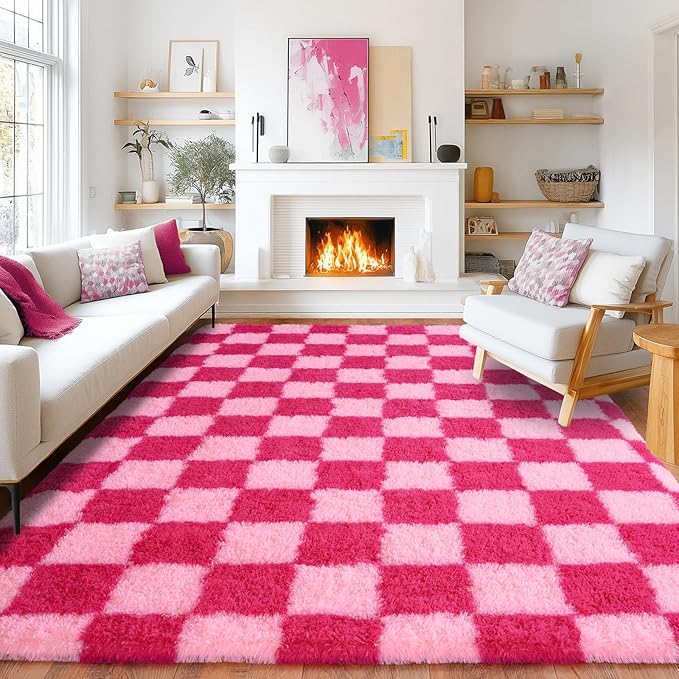Pionblank 9x12 Area Rug, Large Fluffy Checkered Rugs for Living Room, Shag Rug for Bedroom, Soft Non Slip Shag Carpet for Kids Room Nursery Home Decor, Hot Pink
