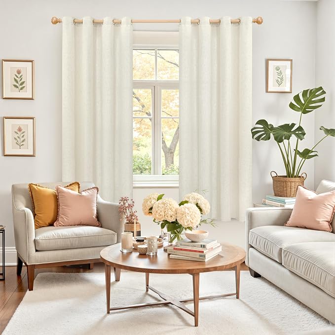 YoungsTex Natural Linen Curtains 63 Inch Length 2 Panels for Living Room, Light Filtering Drapes Semi Sheer with Grommet No See Through Privacy for Bedroom, 52 X 63 Inch