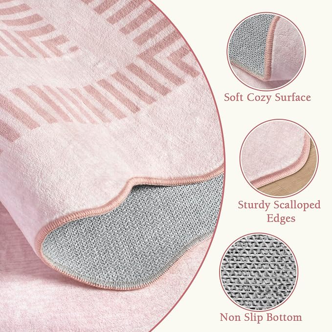 Pink Runner Rug 2.6x8 Kitchen Hallway Scalloped Rugs, Non Skid Stain-Resistant Indoor Washable Rug Soft Entryway Carpet Runner for Bathroom Laundry Room