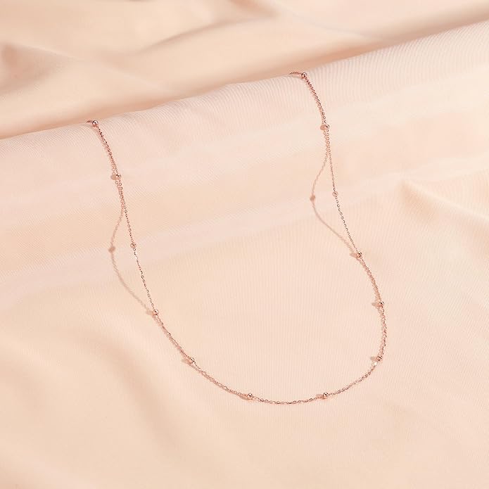 Carffordo 925 Sterling Silver Chain Necklace 16K Gold Plated Beaded Chain Necklace for Women Simple Dainty Choker Necklace Satellite Waterproof Link Necklace Trendy Jewelry Gifts
