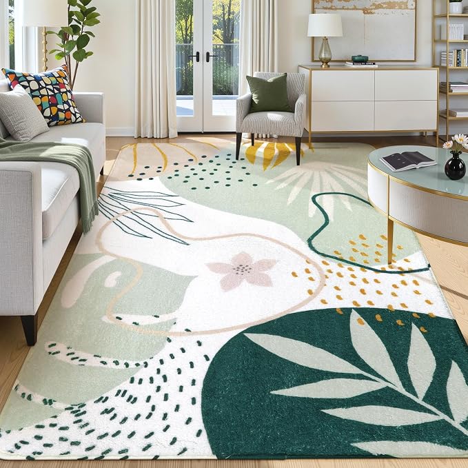 Lahome Green 10x14 Rug for Living Room, Large Washable Area Rug Non-Slip Ultra-Thin Stain Resistant Rug for Dining Room Table, Soft Botanical Print Indoor Rug for Bedroom Office (Green, 10'x14')