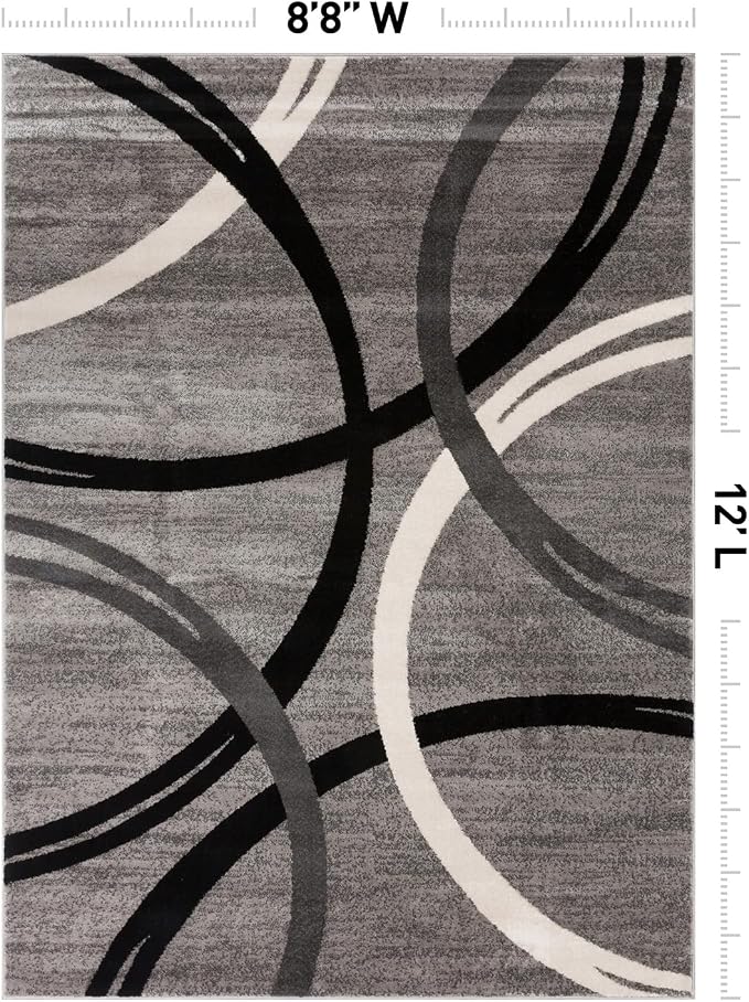 Rugshop Wavy Circles Fade-Resistant Living Room Area Rug Gray 8'8" x 12'