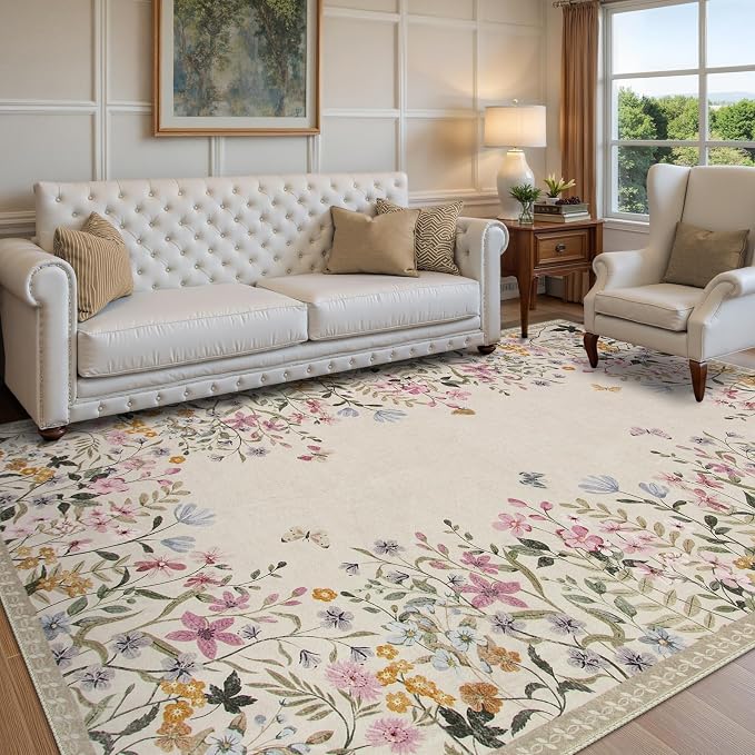 Wonnitar 6x9 Washable Area Rug, Boho Floral Rug for Living Room, Soft Rug for Bedroom, Non Slip Low Pile Nursery Carpet, Beige Farmhouse Dining Room Decor (6x9 Beige)
