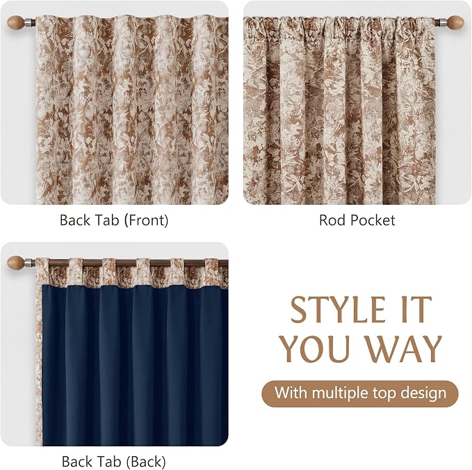 Beauoop Brown Floral Jacquard Blackout Curtains for Bedroom 52x84 2 Panels | Flower Chenille Room Darkening Drapes for Living Room 84 Inch Long Thermal Insulated Soundproof Window treatment Rod Pocket
