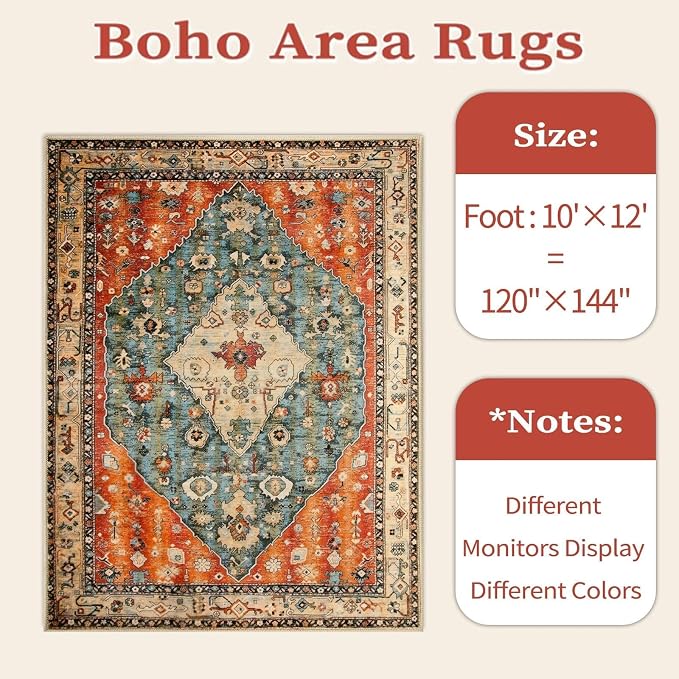 SERISSA 10x12 Area Rugs for Living Room, Large Washable Non-Slip Boho Rug, Ultra Soft Vintage Print Distressed Oriental Tribal Farmhouse Carpet for Dining Room Bedroom Office Home Decor
