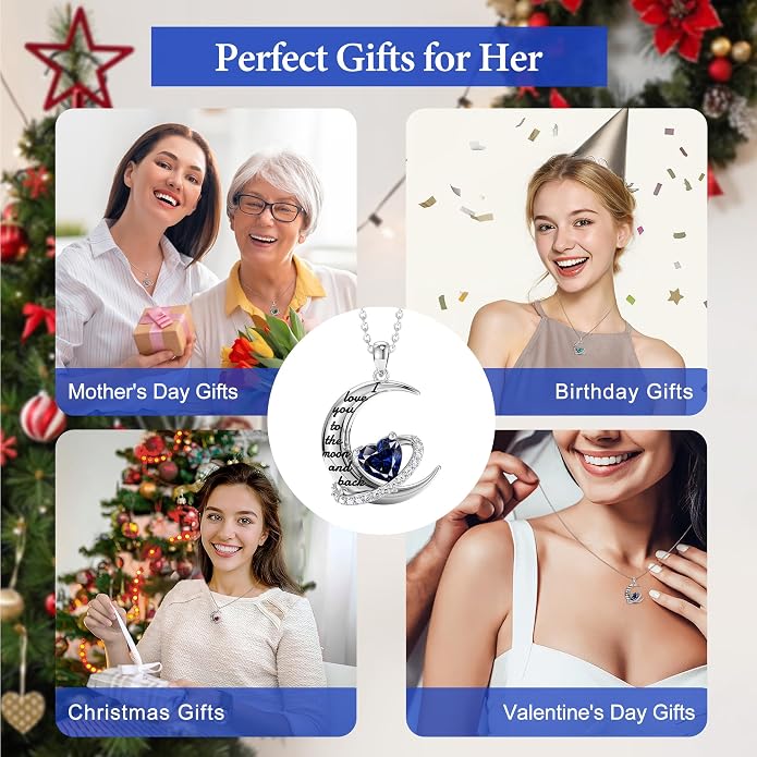Distance I Love You to The Moon and Back Necklace for Women, S925 Sterling Silver Forever Love Heart Birthstone Necklace, Anniversary Birthday Jewelry for Wife Lover