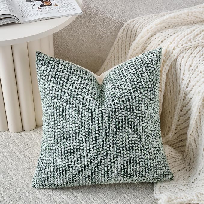 DEZENE Striped Throw Pillow Covers 18x18 Set of 2 Green Textured Boucle Chic Morden Boho Accent Farmhouse Square Decorative Couch Pillow Covers for Home Decor Bed Sofa Living Room
