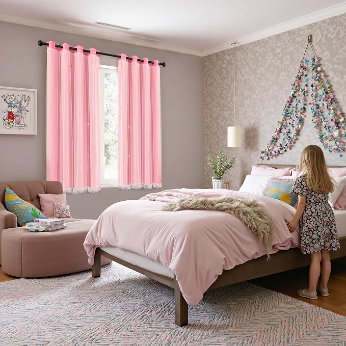 XiDi Pink Curtains for Girls Bedroom Decor Kid Blackout Curtains Nursery | Double Layer Drapes with Sheer Overlay, for Kids Room Cutout Star Room Darkening Grommet Window Treatment 2 Panels W34 X L63
