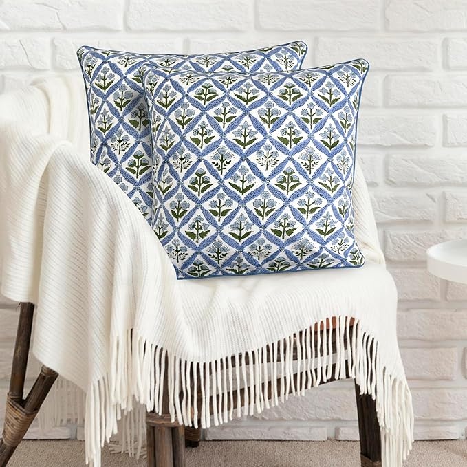 Ridhi Block Print Light Steel Blue Pillow Cover 20" x 20" (Pack of 2) Decorative Couch Pillows for Living Room, Chic Boho Cute Outdoor Pillows Covers Gifts for Spring, Easter and Valentine