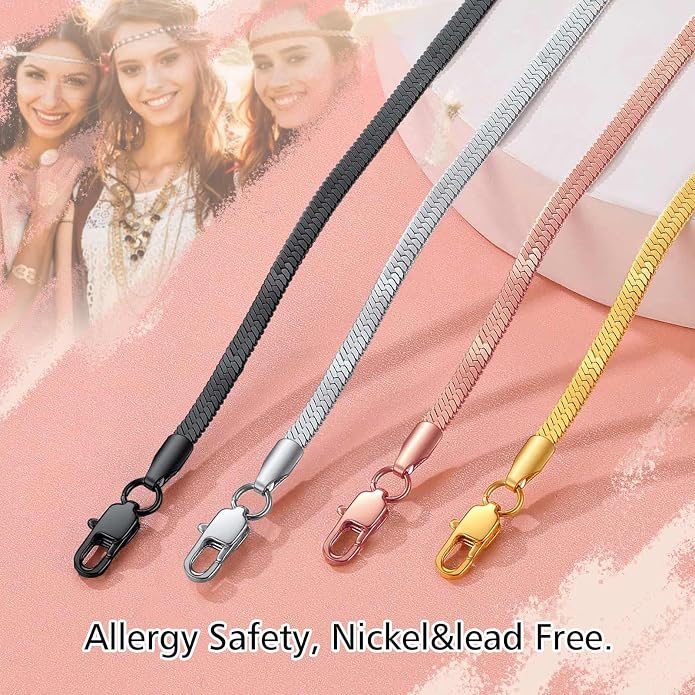 FindChic Elegant Herringbone Snake Chain Anklets/Bracelets 3MM/5MM Width Stainless Steel/18K Gold/Rose Gold Plated/Black 4 Color Options, 8.3'' 8.5'' 10.5'' Length, with Gift Box