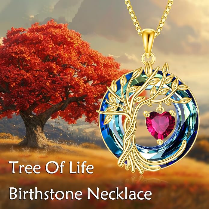 POPLYKE Mothers Day Gifts for Mom Her Wife Tree of Life Necklace 925 Sterling Silver Birthstone Pendant with Crystal Anniversary Birthday Wedding Jewelry for Women