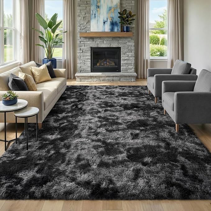Fluffy Rugs for Living Room: Tie-dye Dark Grey Soft Shag Rug for Bedroom, Large Fuzzy Plush Indoor Floor Carpet Non Slip Modern Rug for Nursery Boys Girls Kids Room Dorms Home Decor, 9x11 Feet