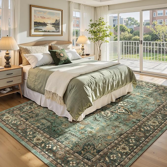 8x10 Green Brown Large Area Rugs for Living Room - Boho Medallion Aesthetic Distressed Washable Rug, Soft Non-Slip Backing Low Pile Carpet for Dining Under Table, Bedroom, Office