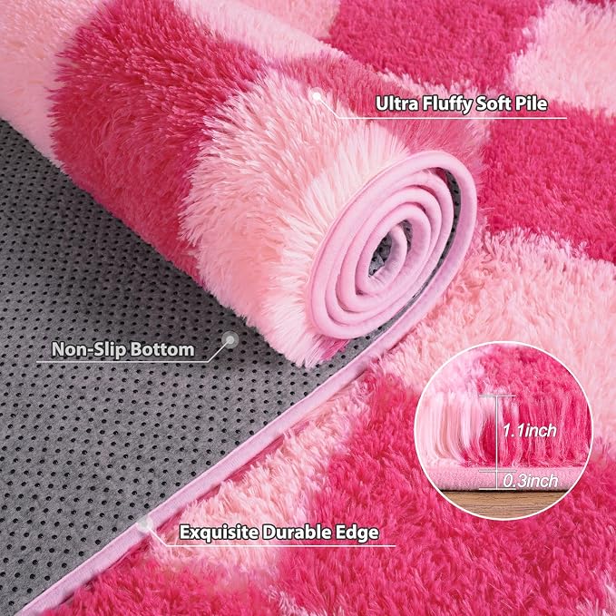Pionblank 9x12 Area Rug, Large Fluffy Checkered Rugs for Living Room, Shag Rug for Bedroom, Soft Non Slip Shag Carpet for Kids Room Nursery Home Decor, Hot Pink