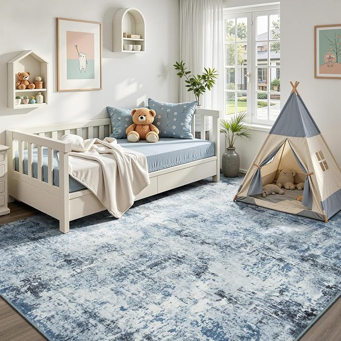 Rugflix 5x7 Area Rugs for Living Room, Washable Large Rug Stain-Resistant Low Pile, Modern Dark Carpet for Dining Room Home Office Kid Room Nursery Bedroom, Blue Grey/Black