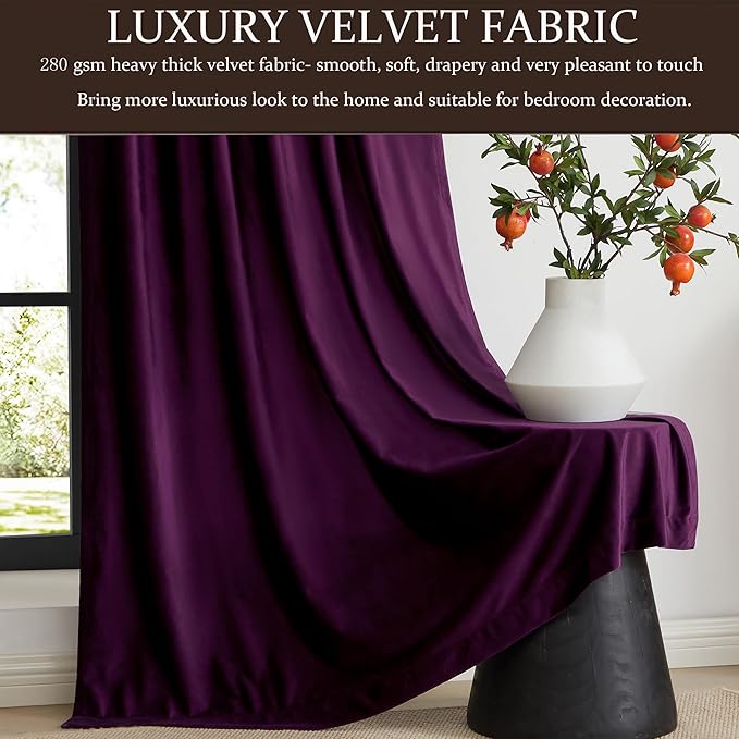 PRIMROSE 100% Full Blackout Purple Velvet Curtains, Set of 2, 52"W x 120"L (Pack of 2), Living Room, Bedroom, Heavy Decorative Drapes with Rod Pocket & Back Tab Hanging Style