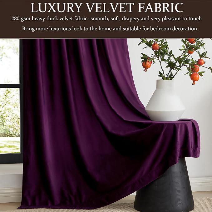 PRIMROSE 100% Full Blackout Purple Velvet Curtains 90 inch Long for Living Room,Set of 2 Liner Rod Pocket Back Tab Thermal Window Curtains Room Darkening Heavy Decorative Curtains Drapes for Bedroom