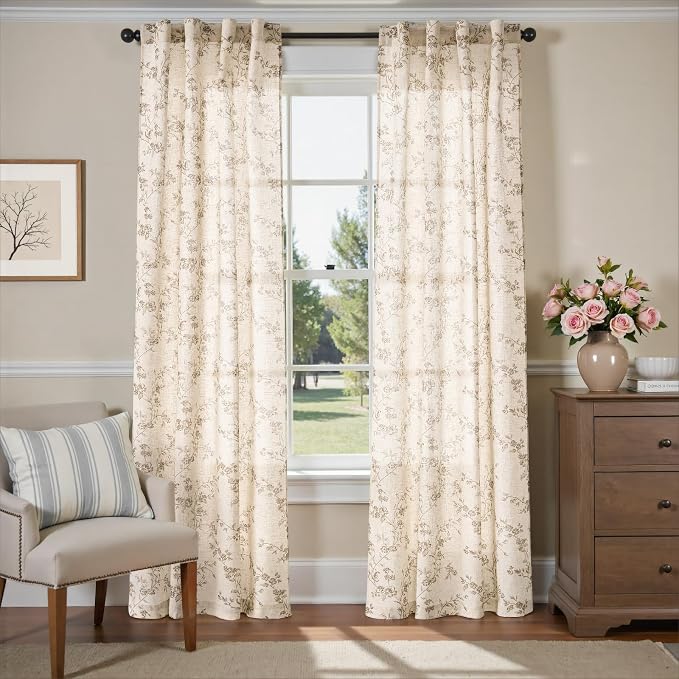 Lazzzy Taupe Floral Linen Curtains 90 Inch Farmhouse Back Tab Drapes for Living Room Bedroom Light Filtering Vintage Grandmillennial Rod Pocket Curtains, 2 Panels, W38 x L90, Taupe on Beige