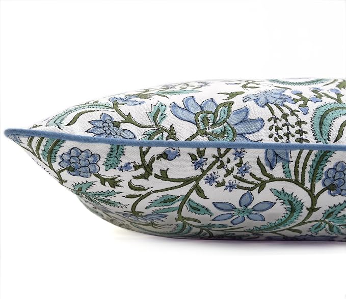 Ridhi Block Print Columbia Blue Pillow Cover 18" x 18" (Pack of 2) Decorative Couch Pillows for Living Room, Chic Boho Cute Outdoor Pillows Covers Gifts for Spring, Easter and Valentine
