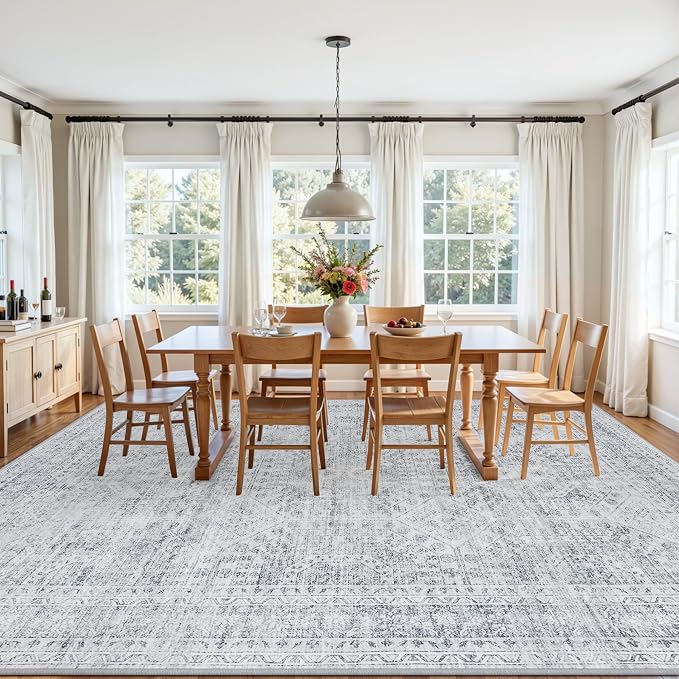 10x12 Area Rug for Living Room: Vintage Boho Neutral Washable Rug Indoor Soft Large Area Rug Carpet for Bedroom Nursery Farmhouse Dining Room Office Floor Non-Slip Low Pile Under Table Rug Gray