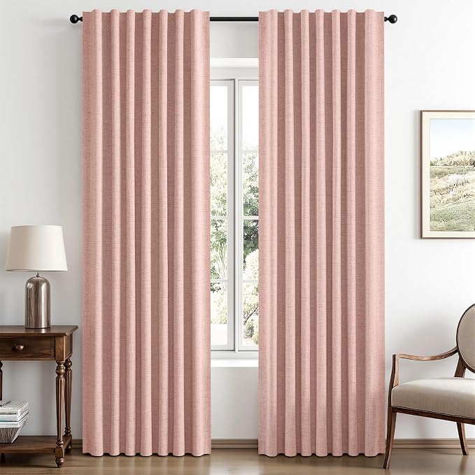 MIULEE 100% Blackout Linen Curtains 42 x 90 Inch Blush Pink 2 Panels | Thermal Insulated, Room Darkening Drapes for Bedroom Living Room, Back Tab Rod Pocket Pinch Pleated, Solid Luxury Decor