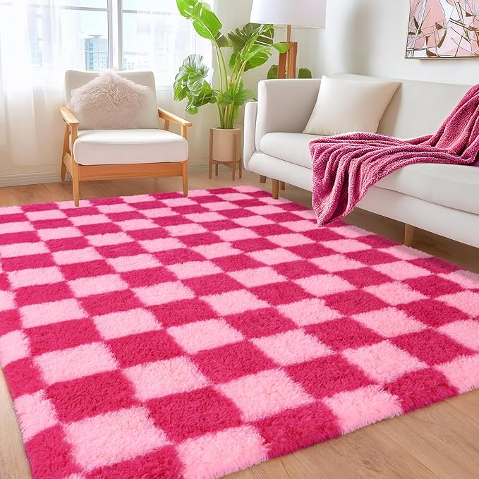 Pionblank 9x12 Area Rug, Large Fluffy Checkered Rugs for Living Room, Shag Rug for Bedroom, Soft Non Slip Shag Carpet for Kids Room Nursery Home Decor, Hot Pink