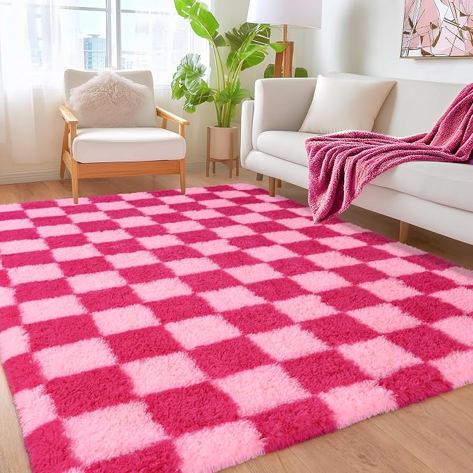 Pionblank Checkered Rug for Living Room, Modern Soft Shag 6x9 Area Rugs, Plush Fuzzy Carpet for Bedroom Girls Boys Room Home Nursery Teens Dorm Decor, Hot Pink