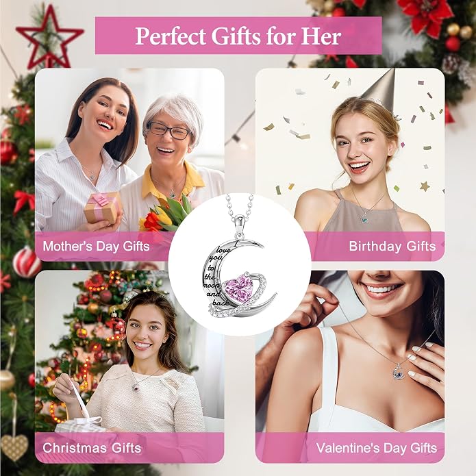 Distance I Love You to The Moon and Back Necklace for Women, S925 Sterling Silver Forever Love Heart Birthstone Necklace, Anniversary Birthday Jewelry for Wife Lover