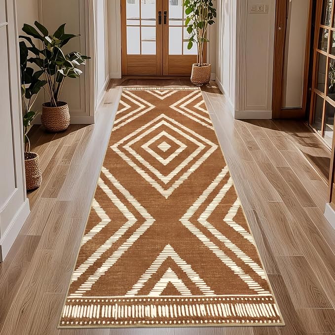 Boho Runner Rugs for Hallway 2.6x8Ft Non Slip, Brown Washable Kitchen Rug with Rubber Backing, Soft Moroccan Farmhouse Entryway Runner, Low Pile Geometric Floor Carpet for Bedroom Home Decor