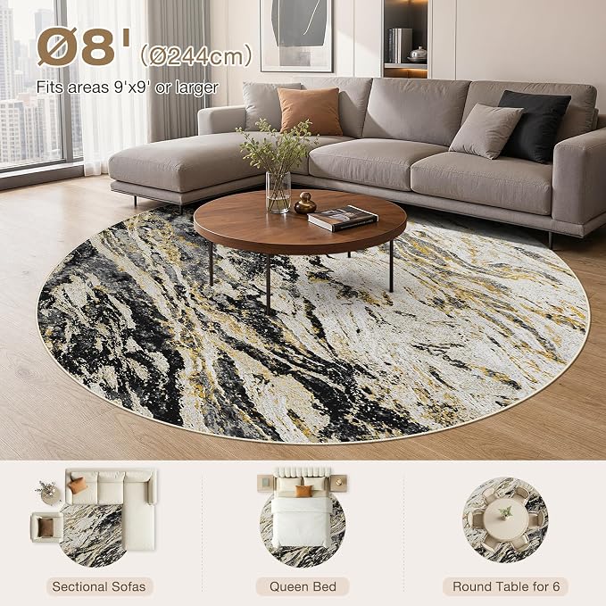 Area Rugs for Living Room: 8ft Round Abstract Washable Rug Modern Neutral Large Soft Stain Resistant Non-Slip for Bedroom Dining Room Indoor Home Office Carpet - Black Gold