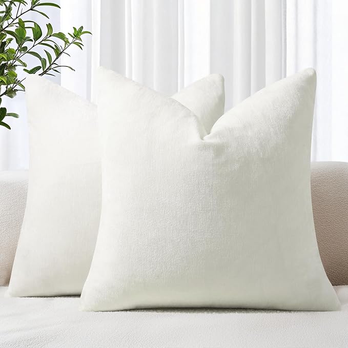 decorUhome Soft Chenille Cream White Throw Pillow Covers 24X24 Set of 2 | Decorative Fall Couch Pillow Covers Solid Dyed Accent Modern Euro Sham Farmhouse Neutral Square Pillow Cases for Sofa