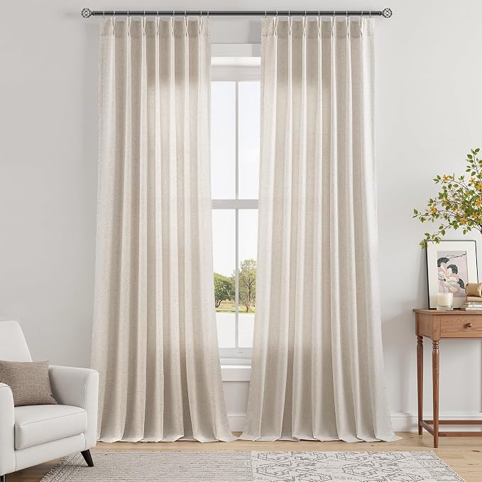 Linen Pinch Pleated Ivory White Curtains 102 Inches Long for Living Room Sheer Privacy Rod Pocket Window Drapes 2 Panels Set for Dining Room Bedroom Natural Modern Boho Curtain, 40 Inch x 102 Inch